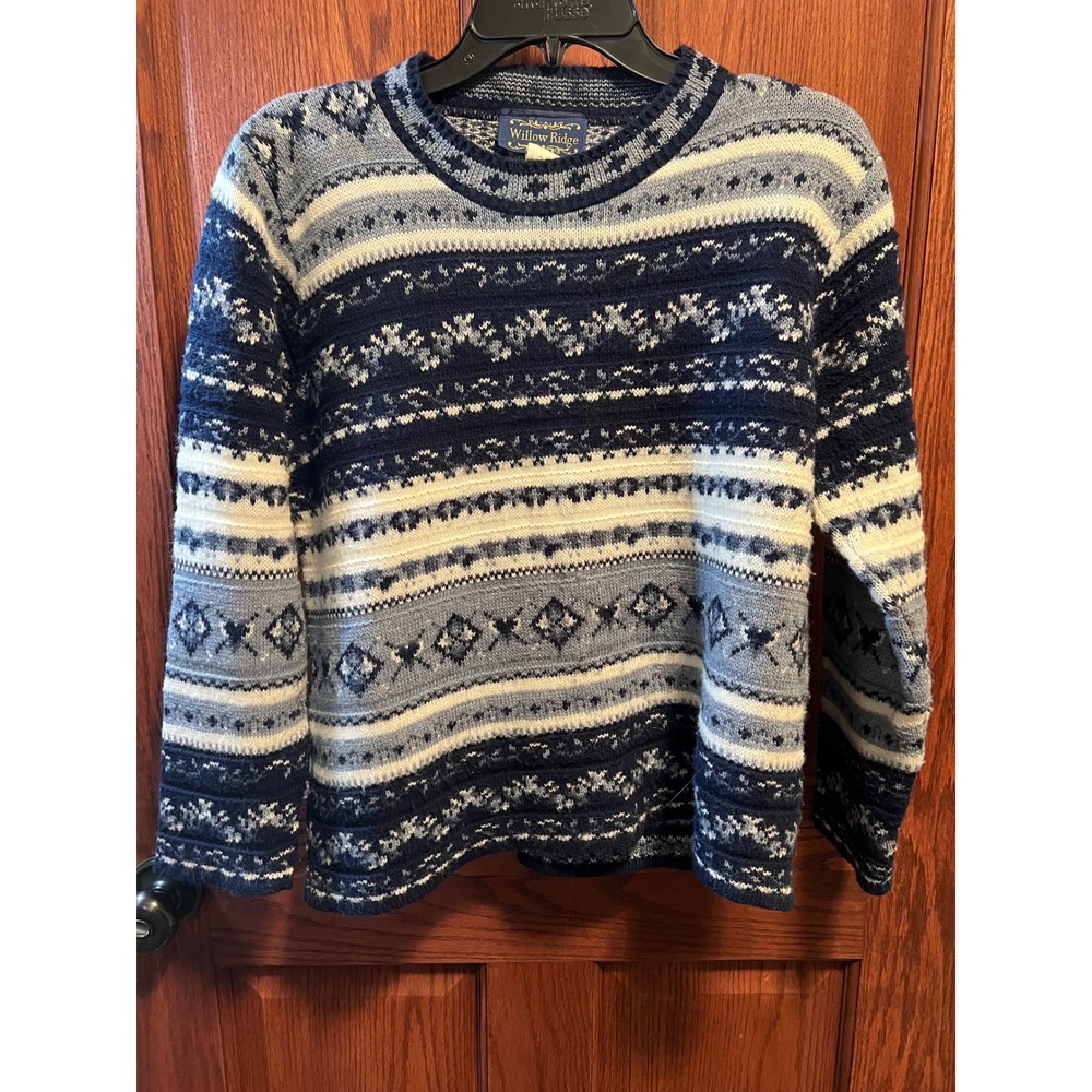VTG 90s Willow Ridge Med Navy Blue Fair Isle Knit Granny Sweater Long Sleeve